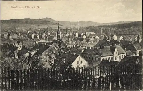 Ak Flöha in Sachsen, Blick über die Dächer der Stadt, Kirche, Schornsteine