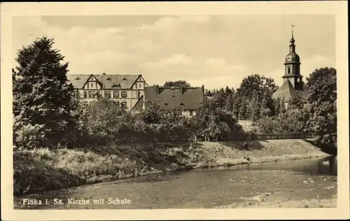 Ak Flöha in Sachsen, Kirche mit Schule, Panorama vom Ort