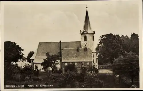 Ak Gelenau im Erzgebirge Sachsen, Ansicht der Kirche mit Kirchschule