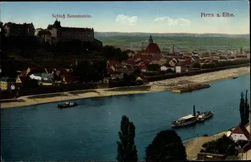 Ak Pirna Elbe Osterzgebirge, Uferpartie, Schloss Sonnenstein