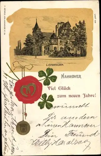 Litho Hannover in Niedersachsen, Listerturm, Neujahrsgrüße, Kleeblätter, Hufeisen