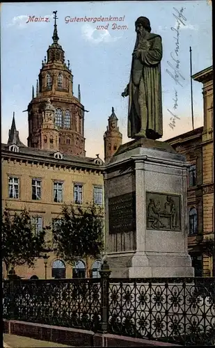 Ak Mainz am Rhein, Gutenbergdenkmal und Dom