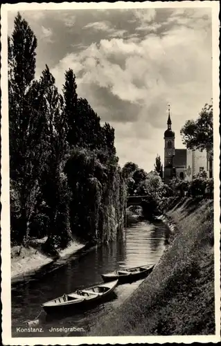 Ak Konstanz am Bodensee, Inselgraben mit Booten, Kirche