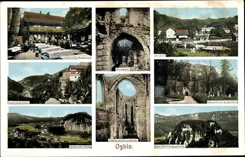 Ak Oybin, Ruine, Hügellandschaft, Bäume, Bahnhof