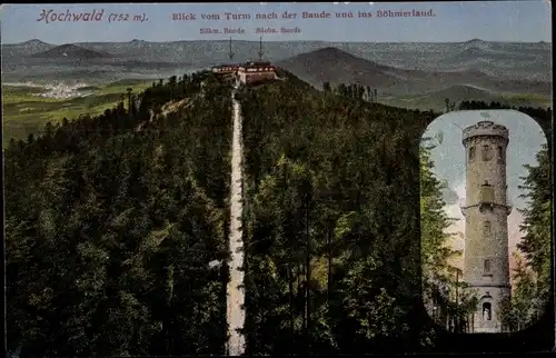 Ak Oybin in der Oberlausitz, Zittauer Gebirge, Hochwald, Blick vom Turm nach der Baude u. Böhmerland