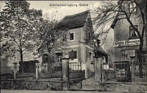Ak Gohlis Leipzig in Sachsen, Schillerhaus, Schumachergeschäft Georg F. Hieronymus