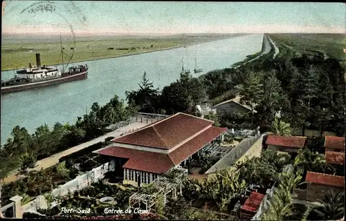 Ak Port Said Ägypten, Entree du Canal, Dampfer, Gärten