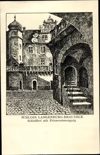 Künstler Ak Langenburg in Württemberg, Schloss Langenburg-Brauneck, Schlosshof, Prinzessinnengang