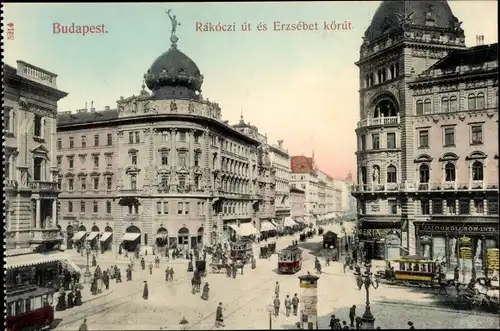 Ak Budapest Ungarn, Rakoczi ut es Erzsebet körut, Straßenbahnen