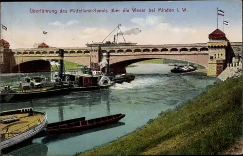 Ak Minden in Ostwestfalen Lippe, Überführung des Mitellandkanals über die Weser, Dampfer Preußen