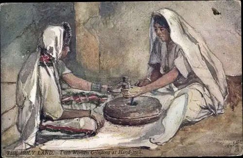 Künstler Ak The Holy Land, two women grinding at hand mill