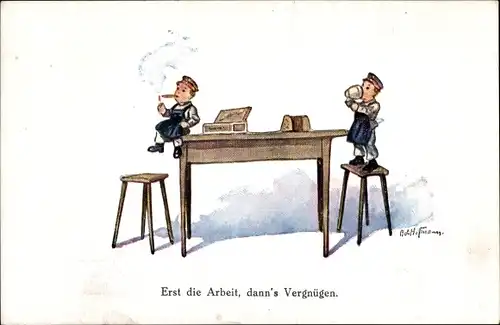 Künstler Ak Hoffmann, Ad., Erst die Arbeit, Soldaten, Zigarren