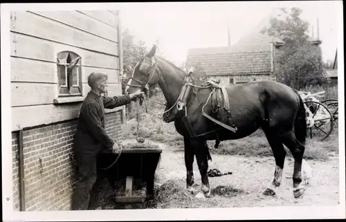 Foto Ak Mann mit Pferd vor einem Gebäude