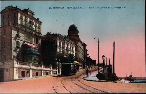 Ak Monte Carlo Monaco, Place Sainte Devote et la Montée, Straßenbahn