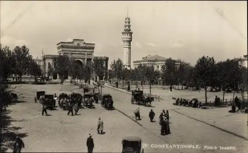 Ak Konstantinopel Istanbul Türkei, Platz, Kutschen, Tor, Minarett