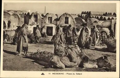 Ak Medenine Tunesien, Place du Cafard, Kamele, Lehmhäuser