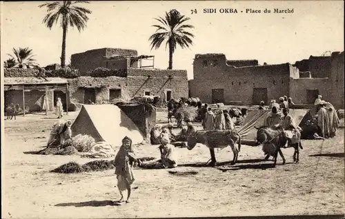 Ak Sidi Okba Algerien, Place du Marche, Marktplatz, Esel