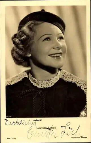 Ak Schauspielerin Carsta Löck, Portrait mit Hut, Ufa Film, Ross Verlag 9649 1, Autogramm