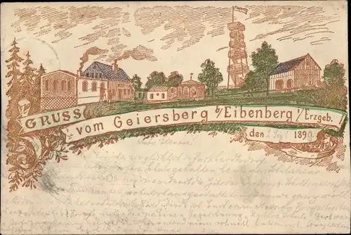 Litho Burkhardtsdorf im Erzgebirge, Geiersberg, Aussichtsturm, Gastwirtschaft