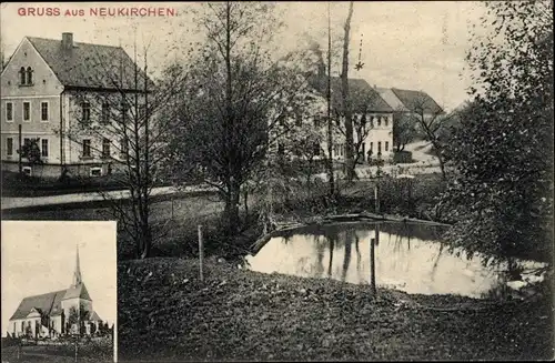 Ak Neukirchen Reinsberg in Sachsen, Ortspartie, Teich, Kirche