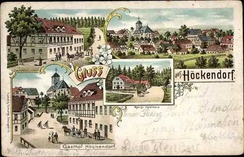 Litho Höckendorf Klingenberg im Osterzgebirge, Gasthof Höckendorf, Kgl. Forsthaus, Kirche