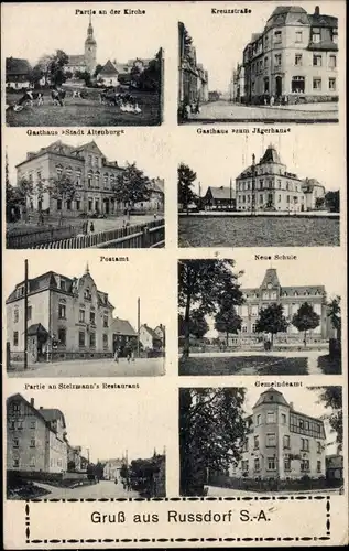 Ak Rußdorf S. A. Oberfrohna in Sachsen, Kreuzstraße, Gasthaus Stadt Altenburg, Postamt, Neue Schule