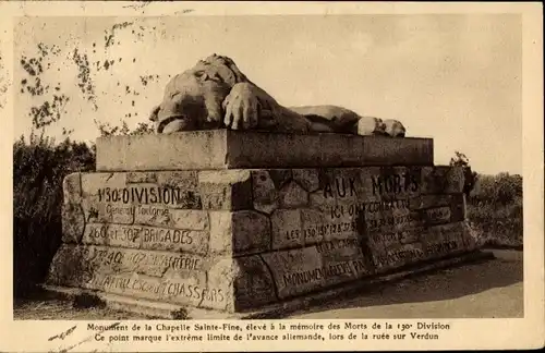 Ak Verdun Meuse, Monument de la Chapelle Sainte-Fine, eleve a la memoire des Morts de la 130 Div.