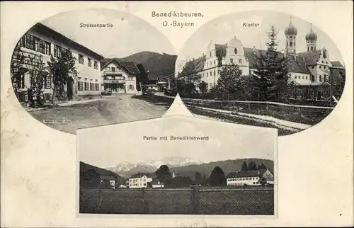 Ak Benediktbeuern in Oberbayern, Kloster, Partie mit Benediktenwand, Straßenpartie