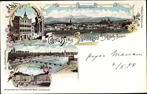 Litho Laufen an der Salzach Oberbayern, Panorama, Rathaus, Marienplatz