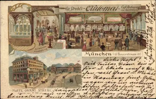 Litho München Bayern, Automat Restaurant, Bayerstraße 13, Innenansicht, Automaten, Hotel Garni