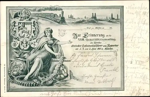 Wappen Ak München Bayern, XXIII. Generalversammlung deutscher Lokomotivführer 1901