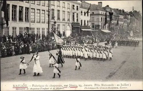 Ak Antwerpen Anvers Flandern, Fete Nationale, Mathot, Fabrique de chapeaux, rue Jesus