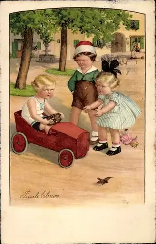 Künstler Ak Ebner, Pauli, Seifenkiste, Kinder, Puppe, Vogel, Tretroller