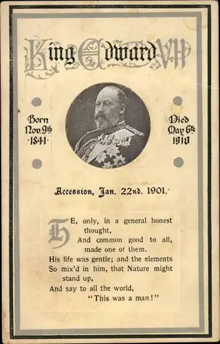 Präge Ak King Edward VII, Portrait, Trauerkarte