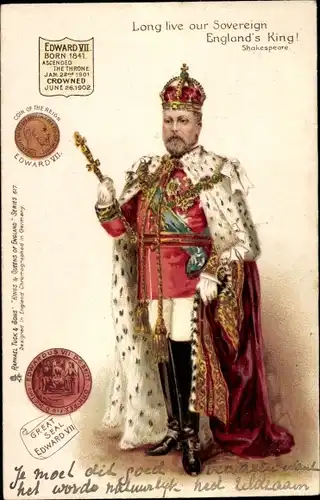 Litho König Edward VII. von England, Standportrait, Königliche Insignien, Krone, Münze