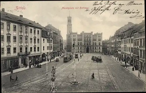 Ak Zittau in Sachsen, Marktplatz mit Rathaus