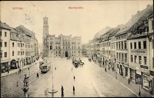 Ak Zittau in der Oberlausitz, Marktplatz, Straßenbahnen