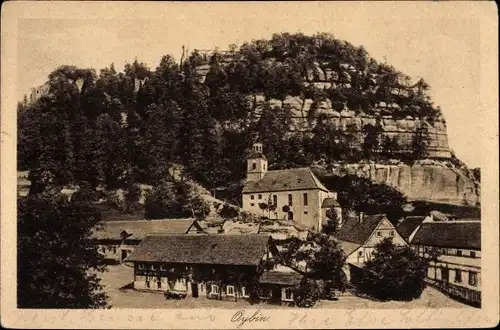 Ak Oybin in der Oberlausitz, Teilansicht des Ortes, Kirche, Felsformation