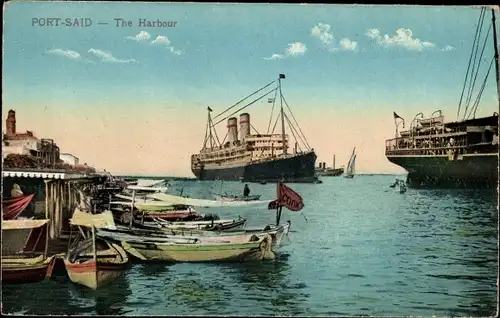 Ak Port Said Ägypten, The Harbour, Hafenansicht mit Dampfer