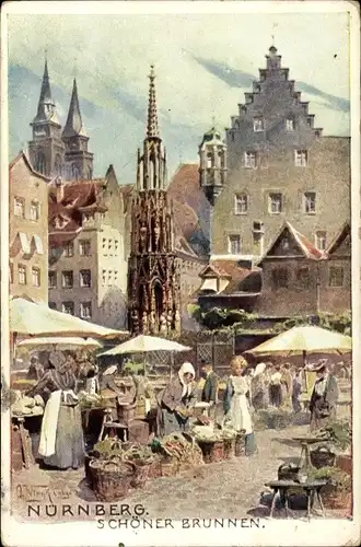 Künstler Ak Nürnberg in Mittelfranken Bayern, Schöner Brunnen, Marktleben
