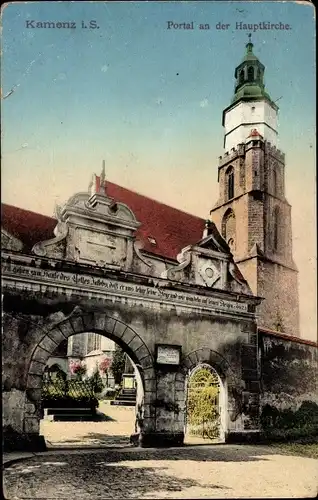 Ak Kamenz Sachsen, Portal an der Hauptkirche, Turm