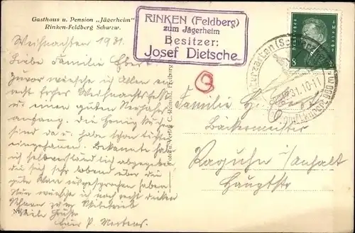 Ak Feldberg im Schwarzwald, Rinken, Gasthaus und Pension Jägerheim, Winteransicht