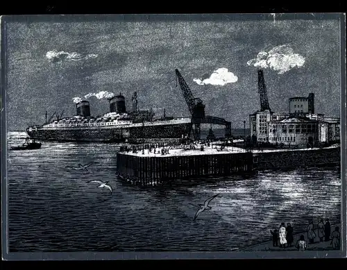 Künstler Ak Bremerhaven, Bahnhof am Meer, Schiff