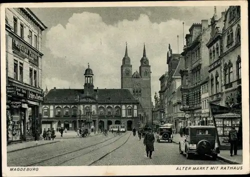 Ak Magdeburg an der Elbe, Alter Markt mit Rathaus, Geschäft Rudolph Pusch, Krüger & Oberbeck