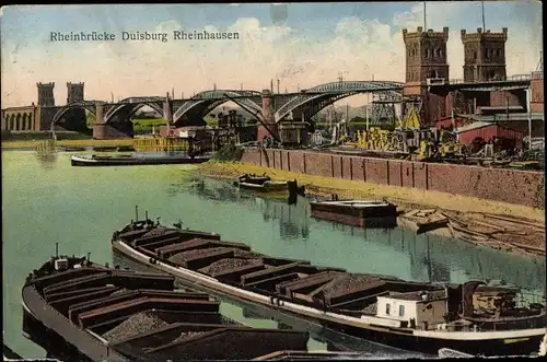 Ak Rheinhausen Duisburg im Ruhrgebiet, Rheinbrücke, Frachtschiffe