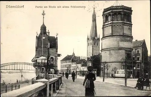 Ak Düsseldorf am Rhein, Partie am Rhein mit altem Schlossturm