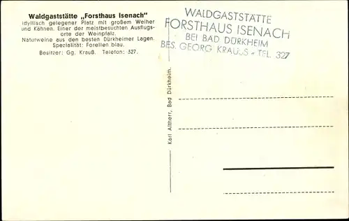 Ak Bad Dürkheim am Pfälzerwald, Waldgaststätte Forsthaus Isenach, Weiher, Ruderboote