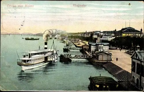 Ak Mainz am Rhein, Rheinufer, Dampfer