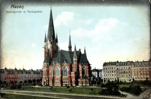 Ak Plauen im Vogtland, Pauluskirche mit Paulusplatz, Wohnhäuser