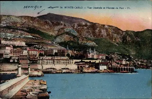 Ak Monte Carlo Monaco, Vue generale et l'Entree du Port